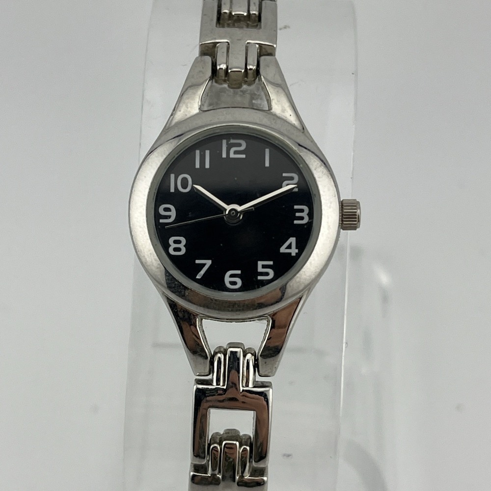 Women's Silver Quartz Watch 23mm Case 7.25" Band Black Dial-‎ New Battery